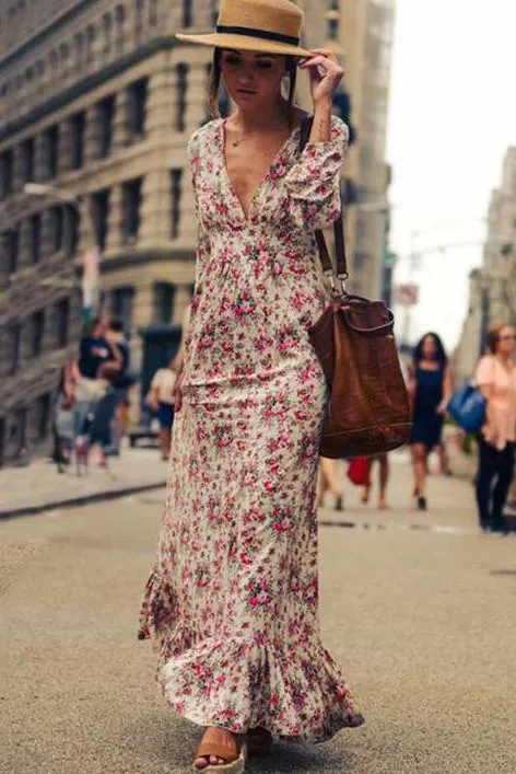 Clearance Bohemian Deep V-neck Floral Print Ruffle Long Beach Dress