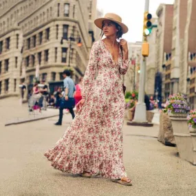 Clearance Bohemian Deep V-neck Floral Print Ruffle Long Beach Dress