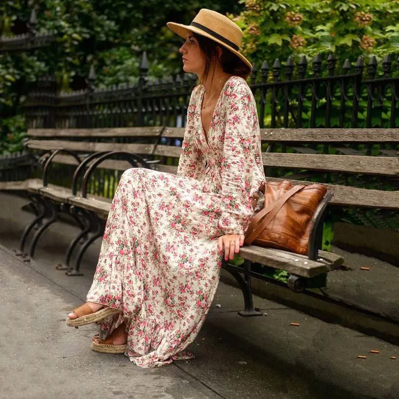 Clearance Bohemian Deep V-neck Floral Print Ruffle Long Beach Dress