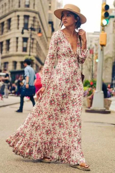 Clearance Bohemian Deep V-neck Floral Print Ruffle Long Beach Dress