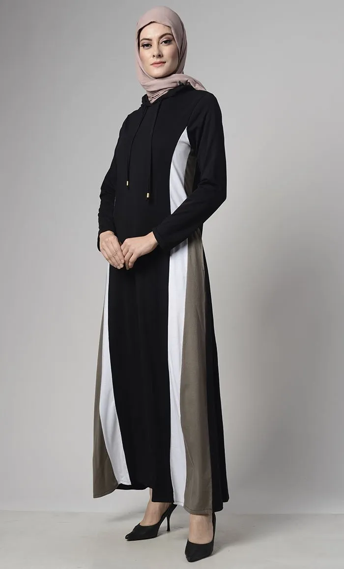 Color Block Basic Jersey Hooded Abaya With Pockets