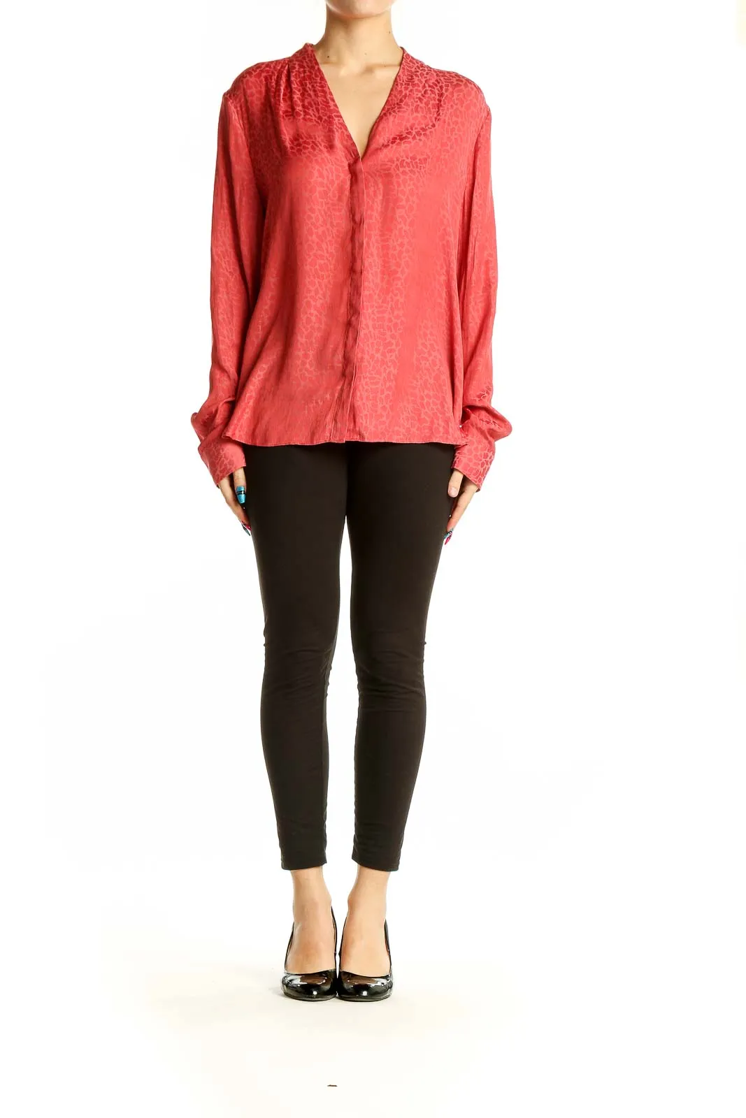 Coral Textured V-Neck Blouse