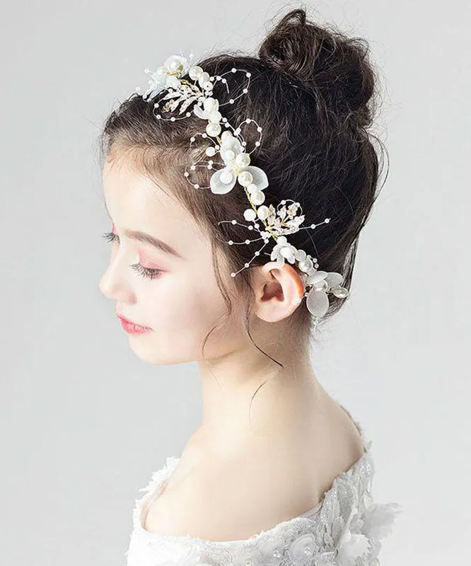 Cute White Tulle Pearl Floral Kids Crown IU042