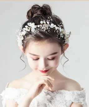 Cute White Tulle Pearl Floral Kids Crown IU042