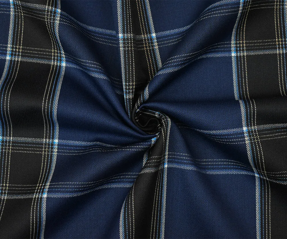 Deep Blue-White-Multi Poly-Wool Plaid Twill Suiting Fabric