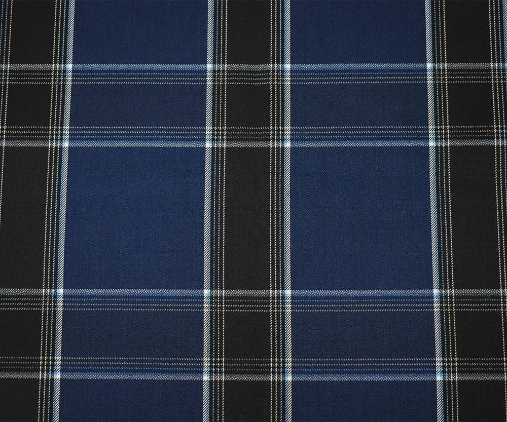 Deep Blue-White-Multi Poly-Wool Plaid Twill Suiting Fabric