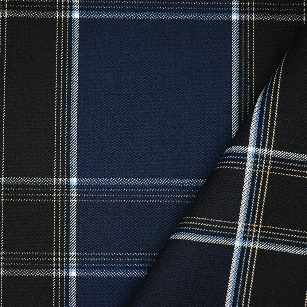 Deep Blue-White-Multi Poly-Wool Plaid Twill Suiting Fabric