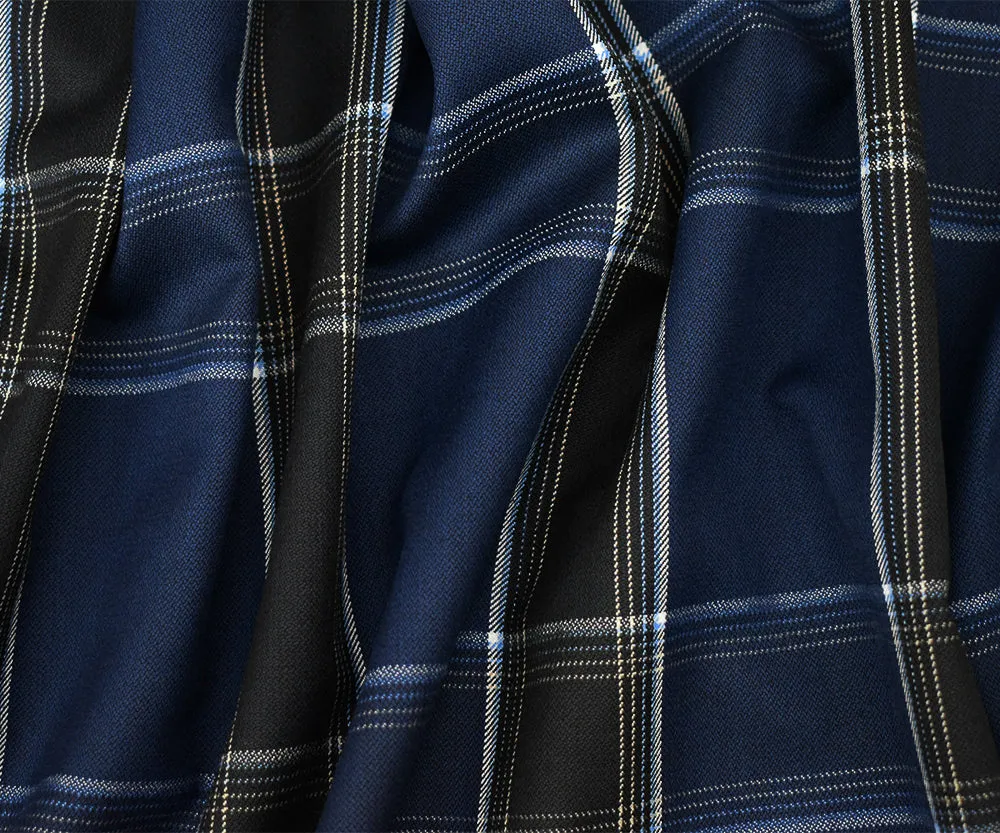 Deep Blue-White-Multi Poly-Wool Plaid Twill Suiting Fabric