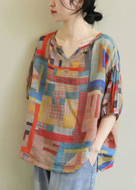 DIY Colorblock V Neck Geometric Print Linen Loose Tops Short Sleeve