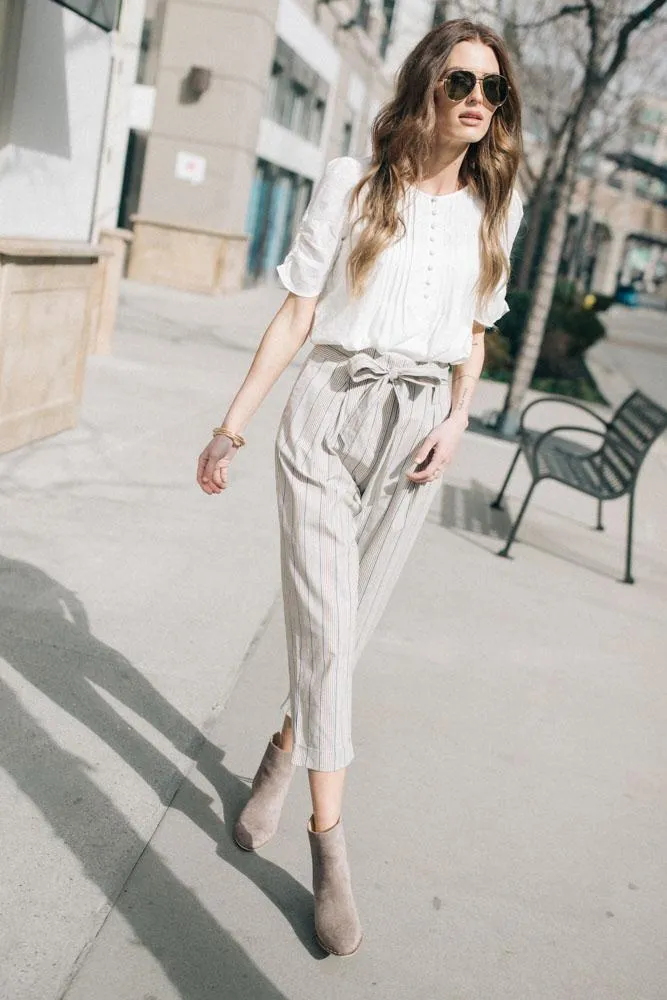 Elleh Striped Paper Bag Trousers in Navy