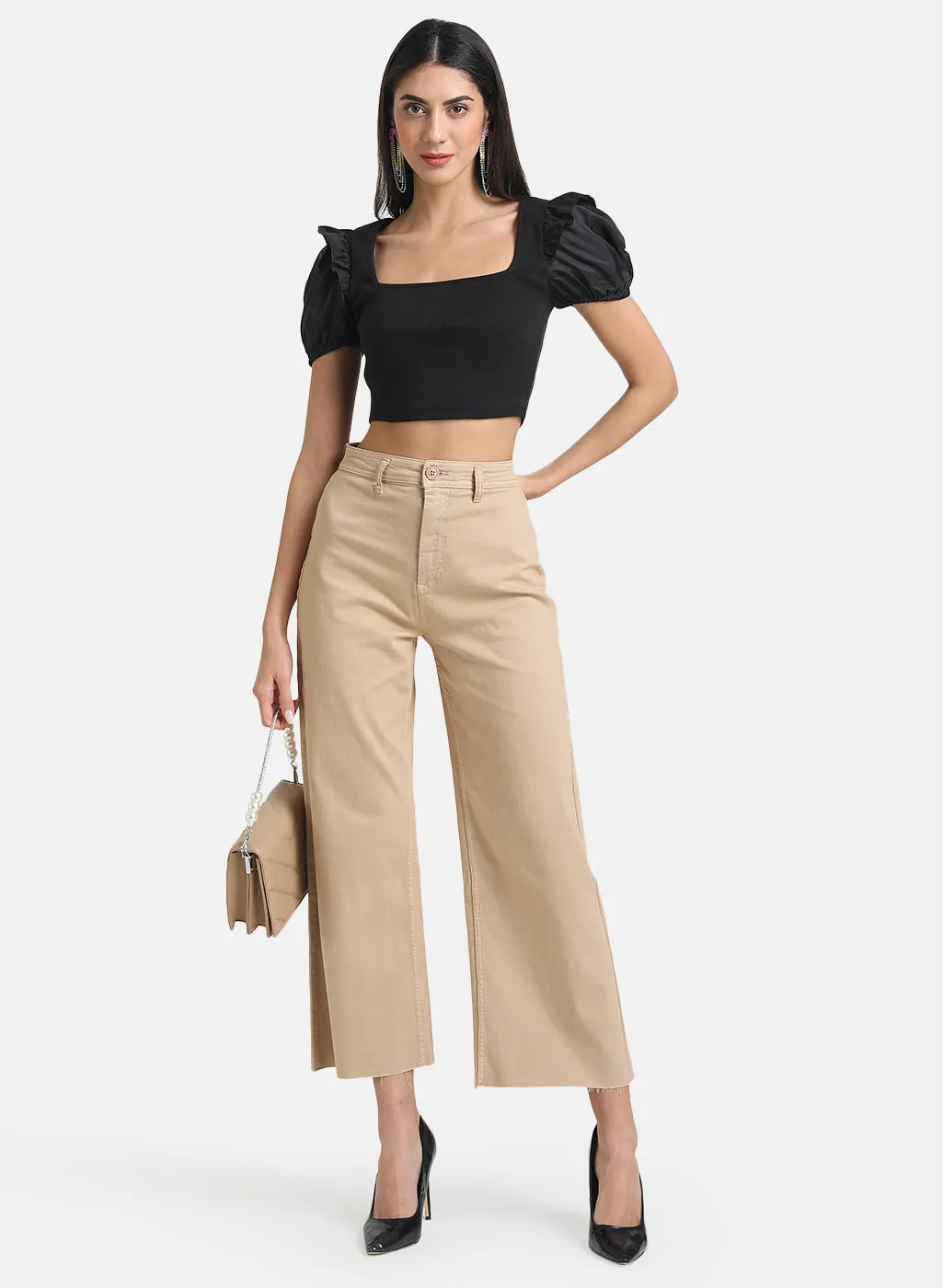 Fitted Crop Top With Ruffle And Puff Sleeves