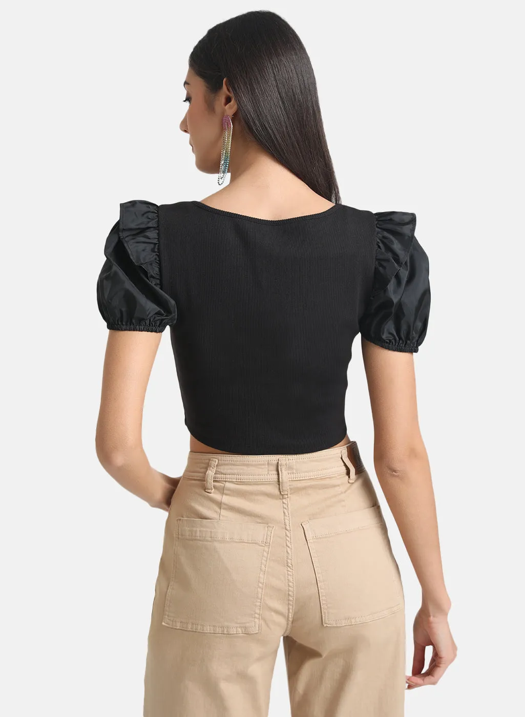 Fitted Crop Top With Ruffle And Puff Sleeves