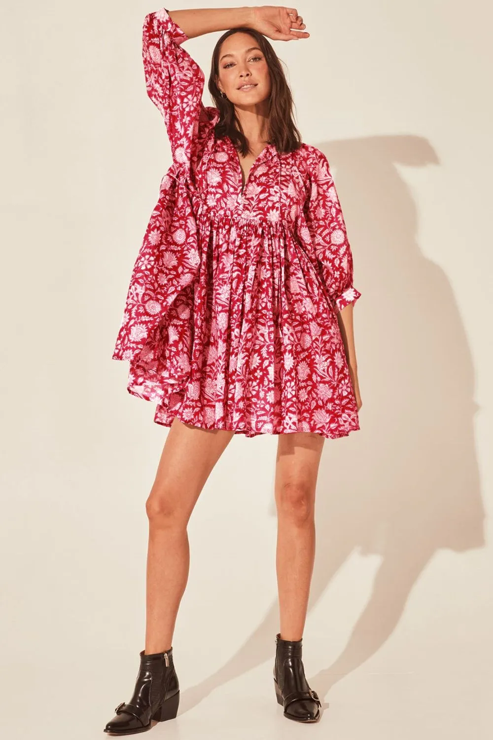 Floral Tie Neck Lantern Sleeve Dress