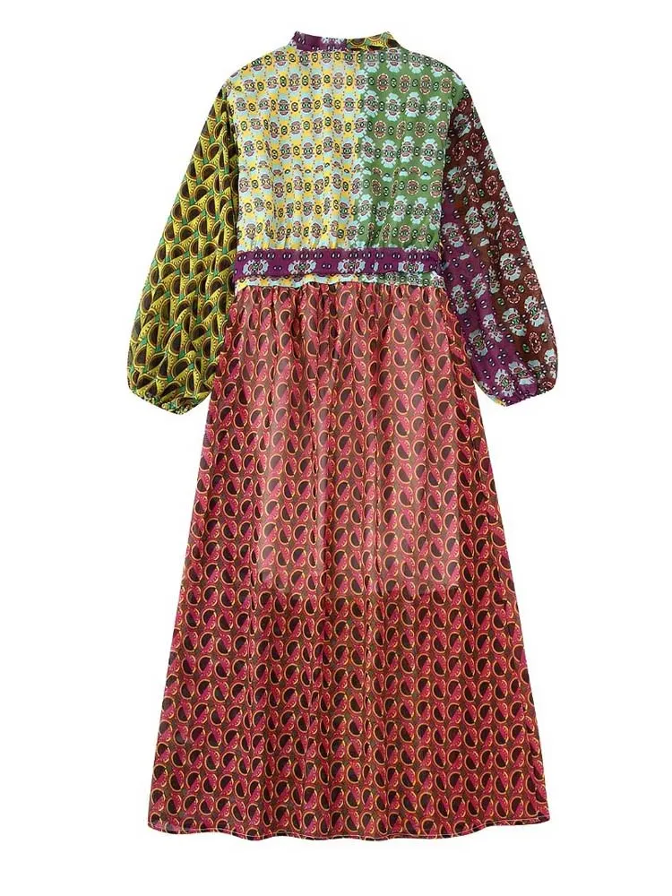 French V-Neck Colorblock 3/4 Puff Sleeve Printed Wrap Maxi Dress