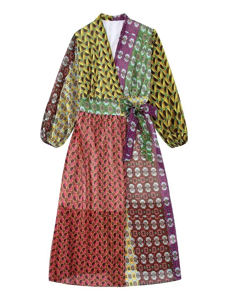 French V-Neck Colorblock 3/4 Puff Sleeve Printed Wrap Maxi Dress