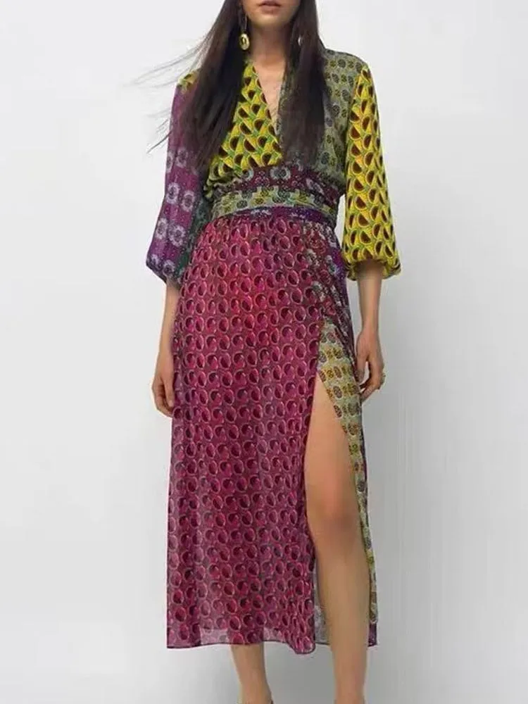 French V-Neck Colorblock 3/4 Puff Sleeve Printed Wrap Maxi Dress