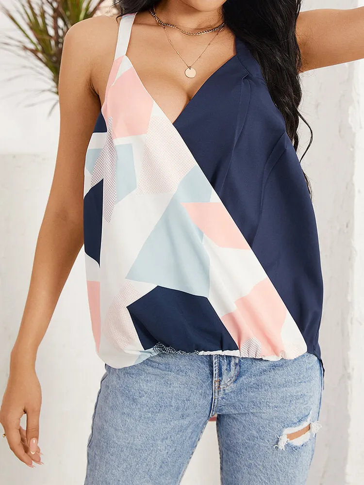 Geometric Print Halter V-neck Sleeveless Casual Cami