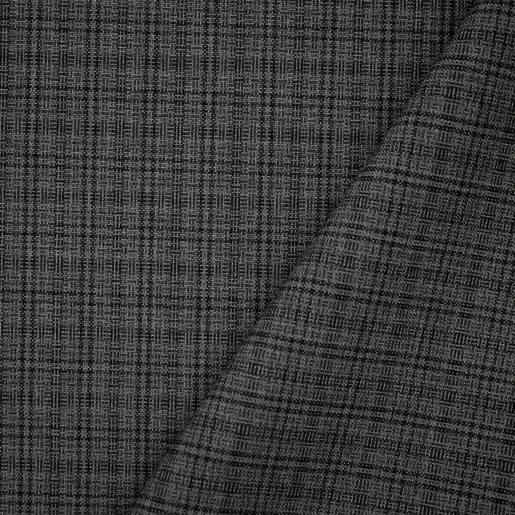 Gray-Black Polyester-Wool Plaid Shirting Woven Fabric