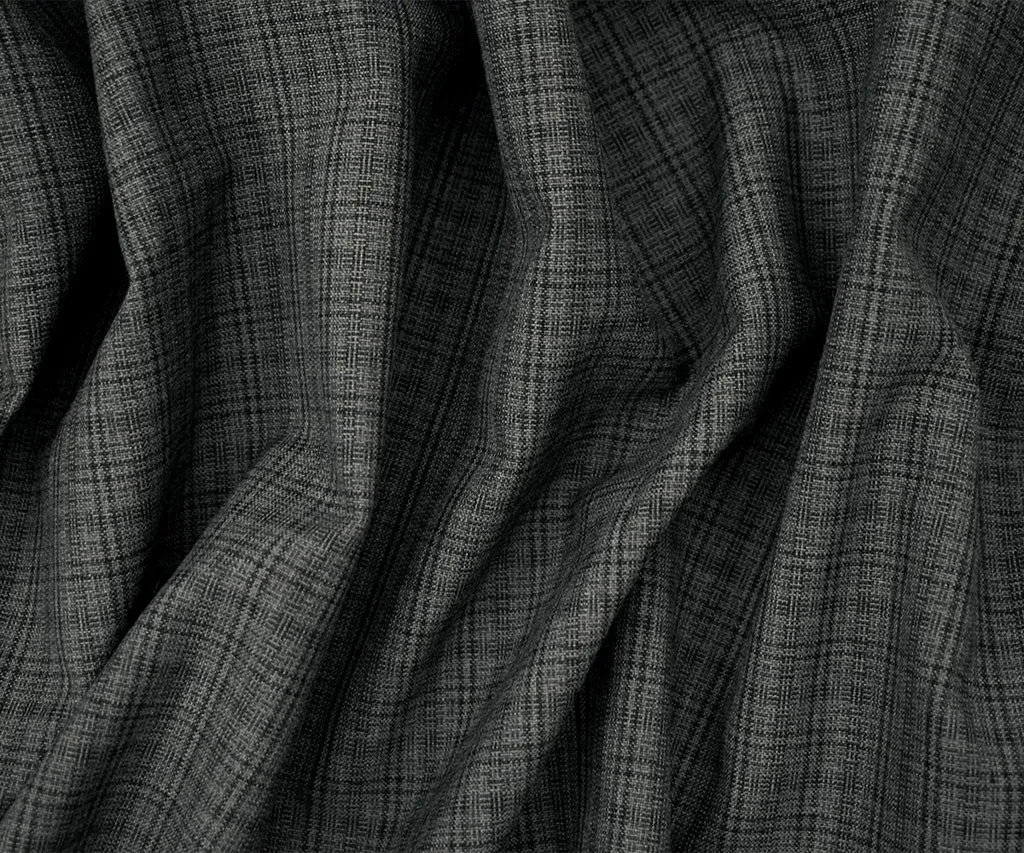 Gray-Black Polyester-Wool Plaid Shirting Woven Fabric