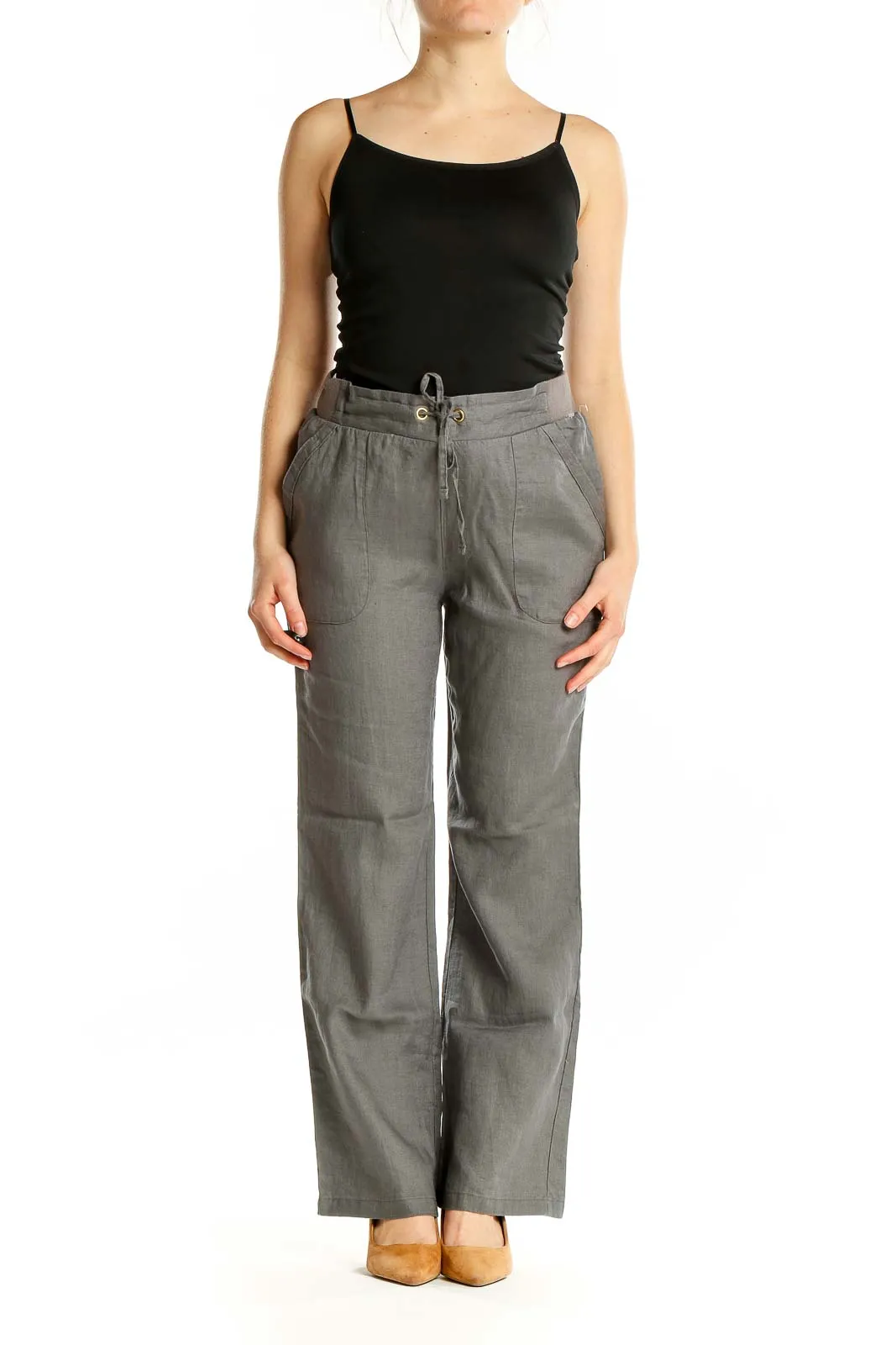 Gray Linen Wide-Leg Drawstring Pants