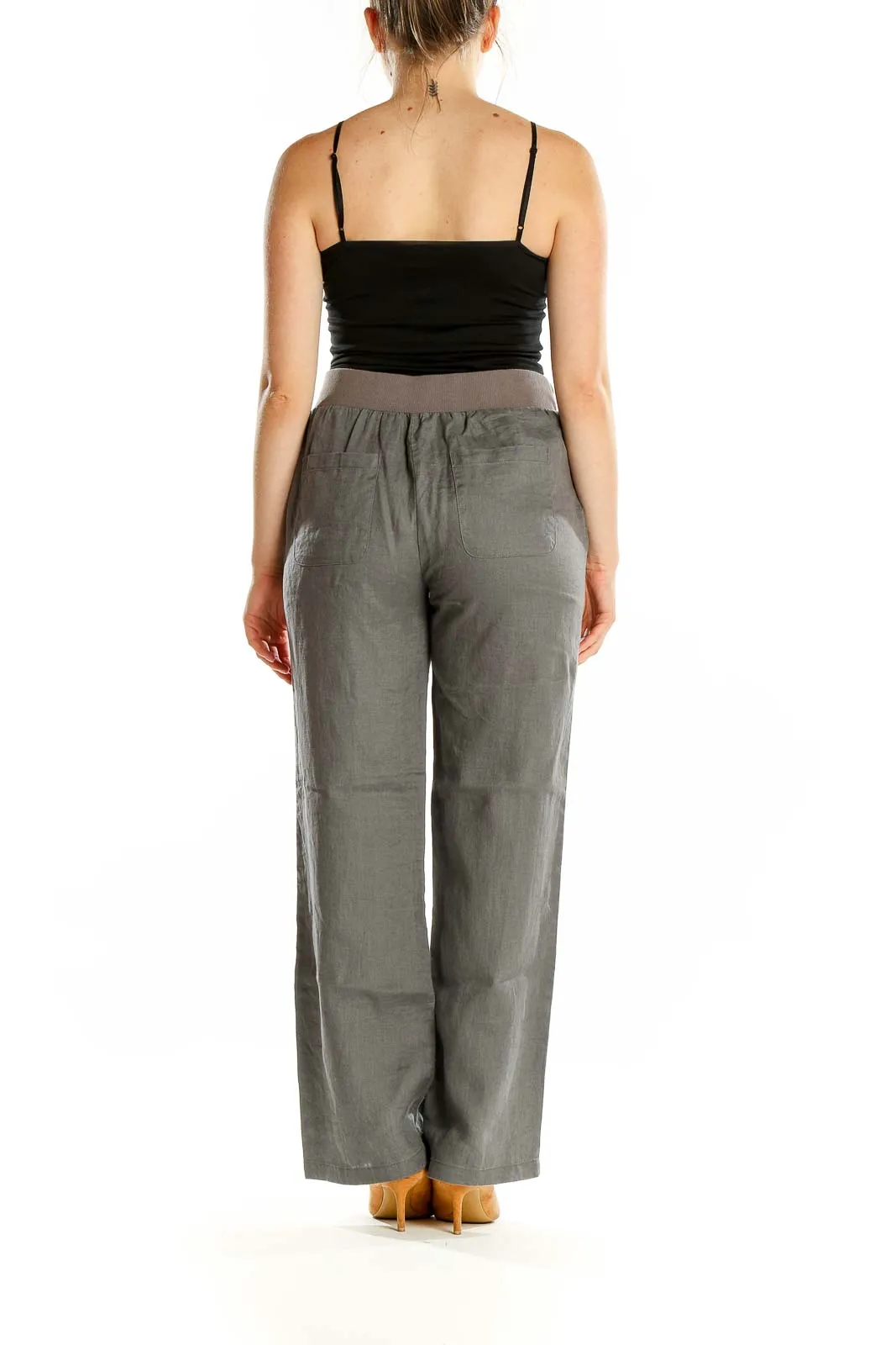 Gray Linen Wide-Leg Drawstring Pants