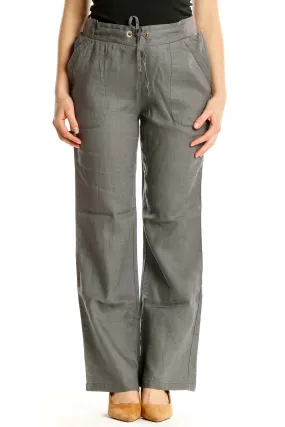 Gray Linen Wide-Leg Drawstring Pants