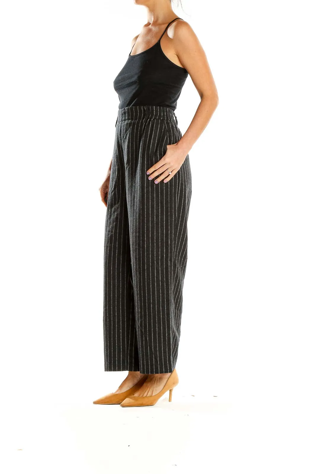 Gray Pinstriped Wide-Leg Trousers