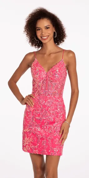 Mesh Floral Sequin Sweetheart Corset Sheath Dress