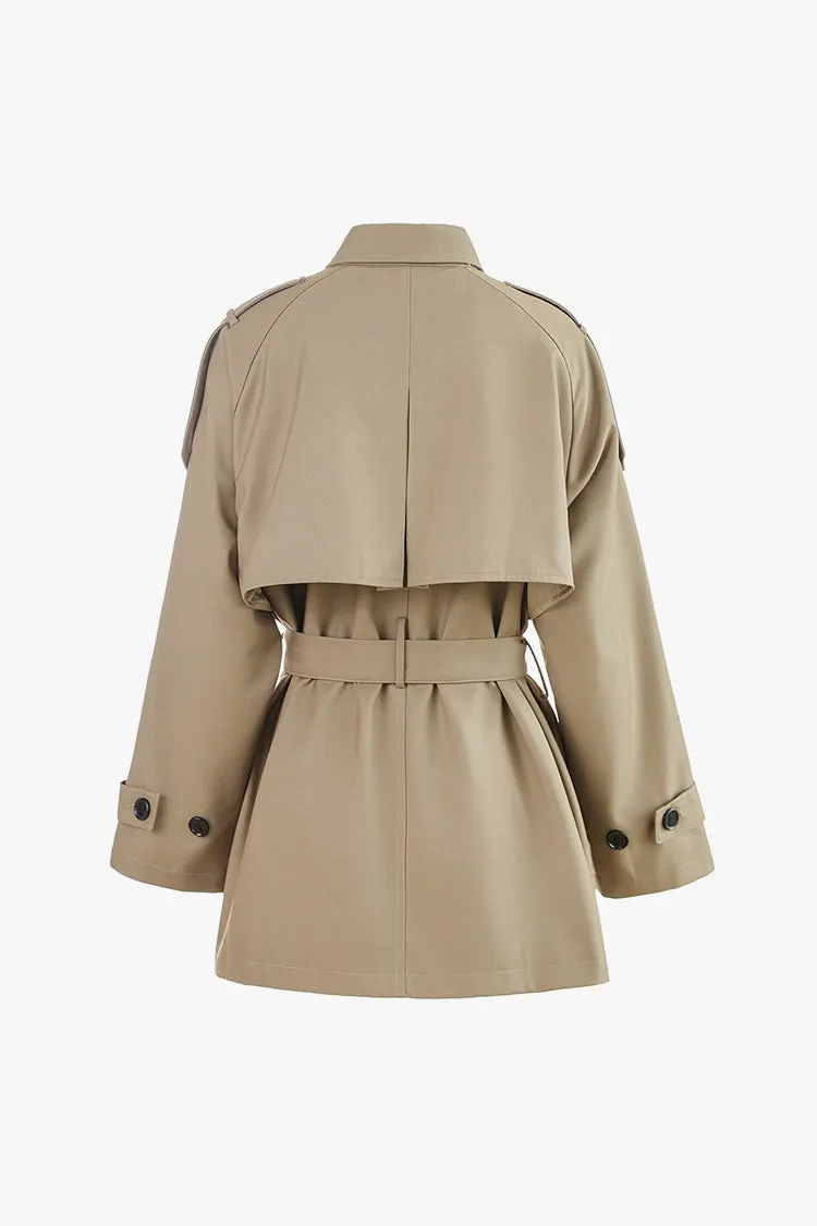 Modern Collared Drop Shoulder Cinched Waist Belted Short Trench Coat