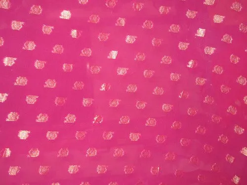 Polyester georgette fabric with metalic silver &amp; gold jacquard~Hot Pink colour