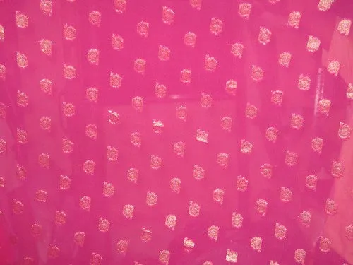 Polyester georgette fabric with metalic silver &amp; gold jacquard~Hot Pink colour