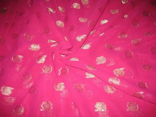 Polyester georgette fabric with metalic silver &amp; gold jacquard~Hot Pink colour