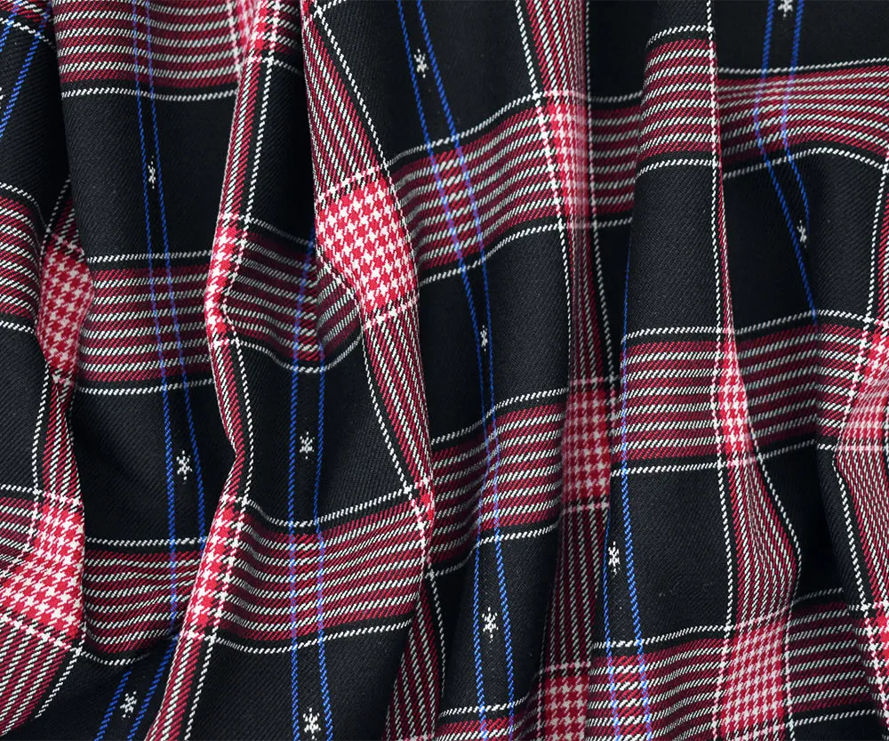 Red-Black-Multi Wool Polyester Plaid and Stars Twill Woven Suiting Fabric