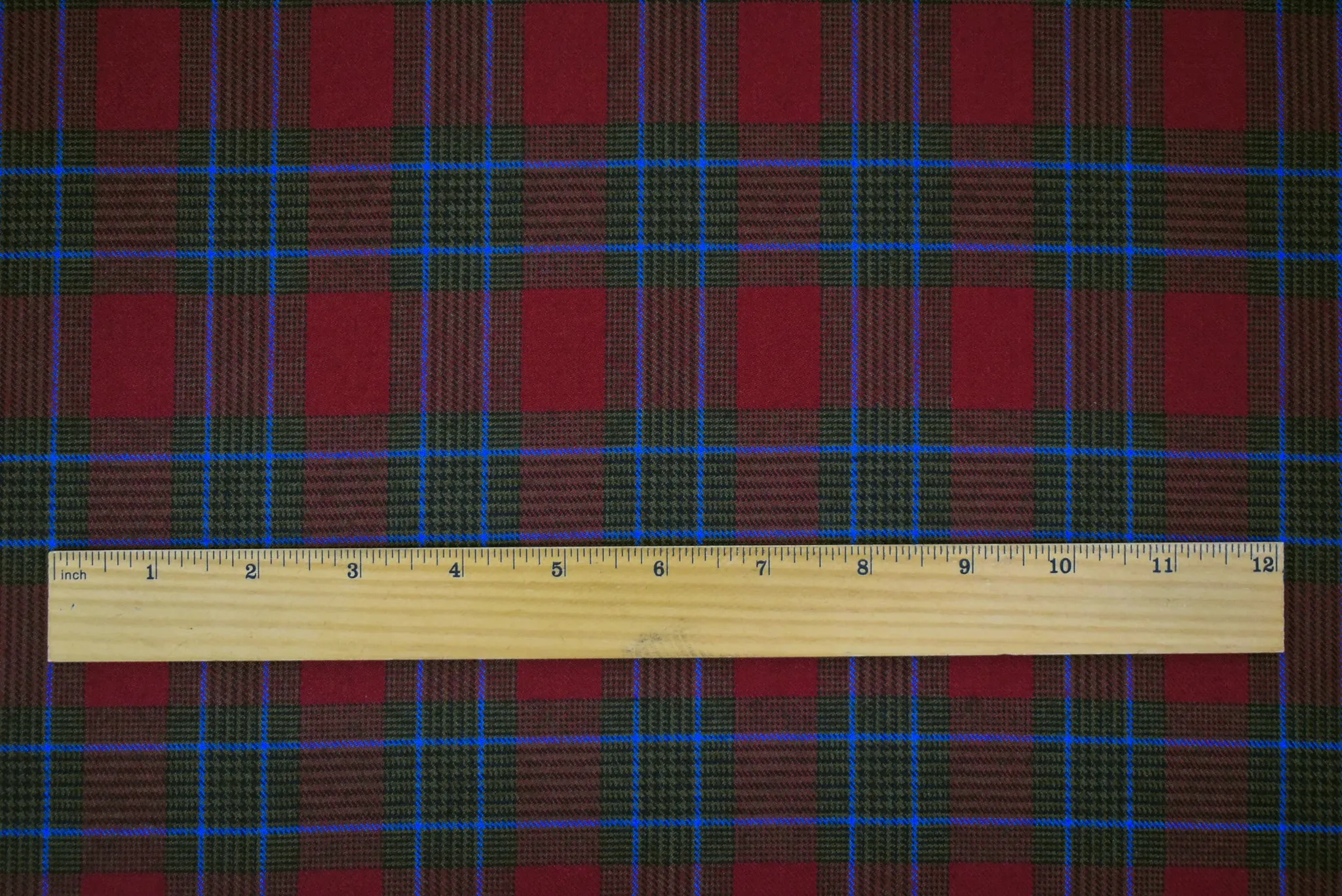 Red-Blue-Multi Wool-Polyester Plaid Twill Woven Suiting Fabric