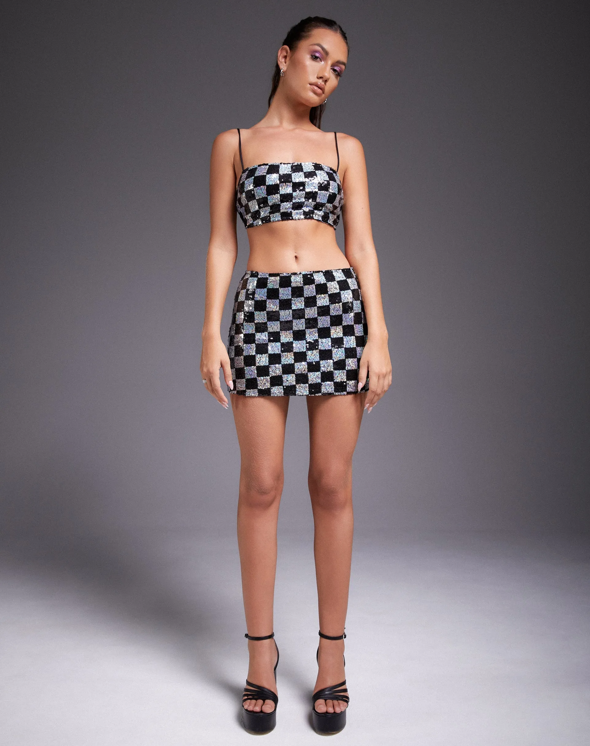 Sazip Mini Skirt in Checkerboard Sequin Black and Silver