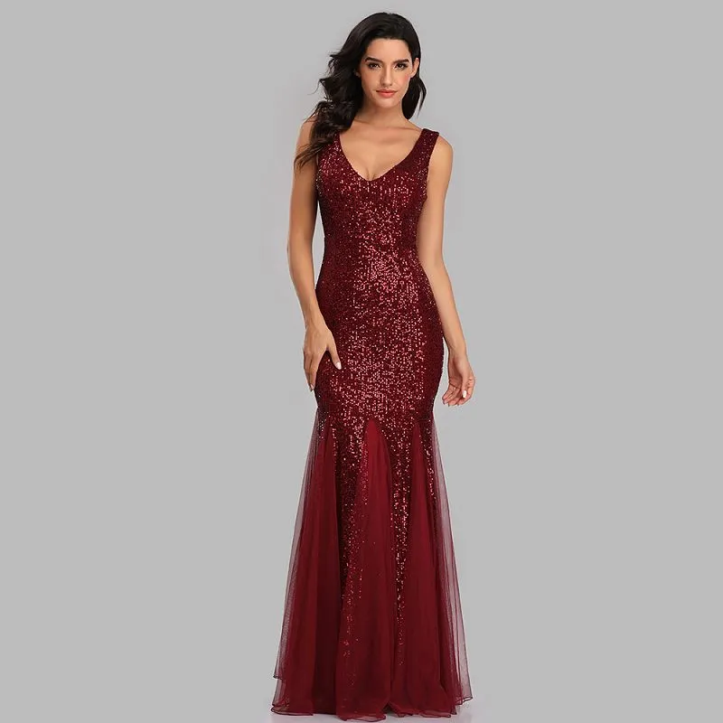 sd-hk Women Wine Red Sequin Evening Dress V Neck Sleeveless Long Party Dress