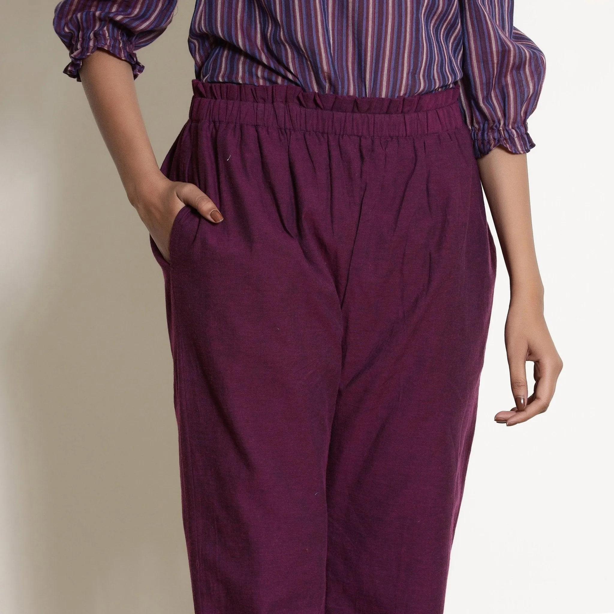 Solid Berry Wine Warm Cotton Tapered Pant