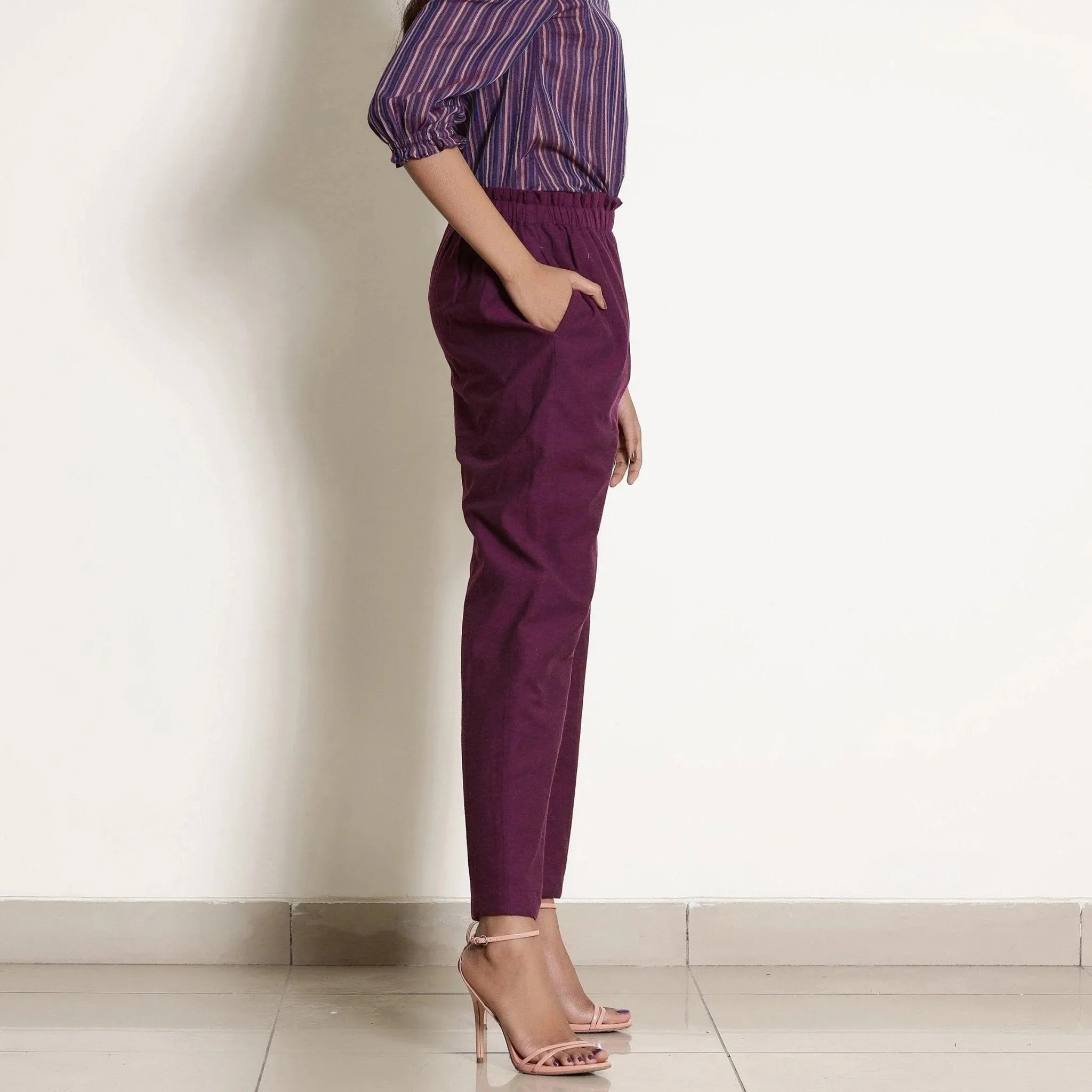 Solid Berry Wine Warm Cotton Tapered Pant