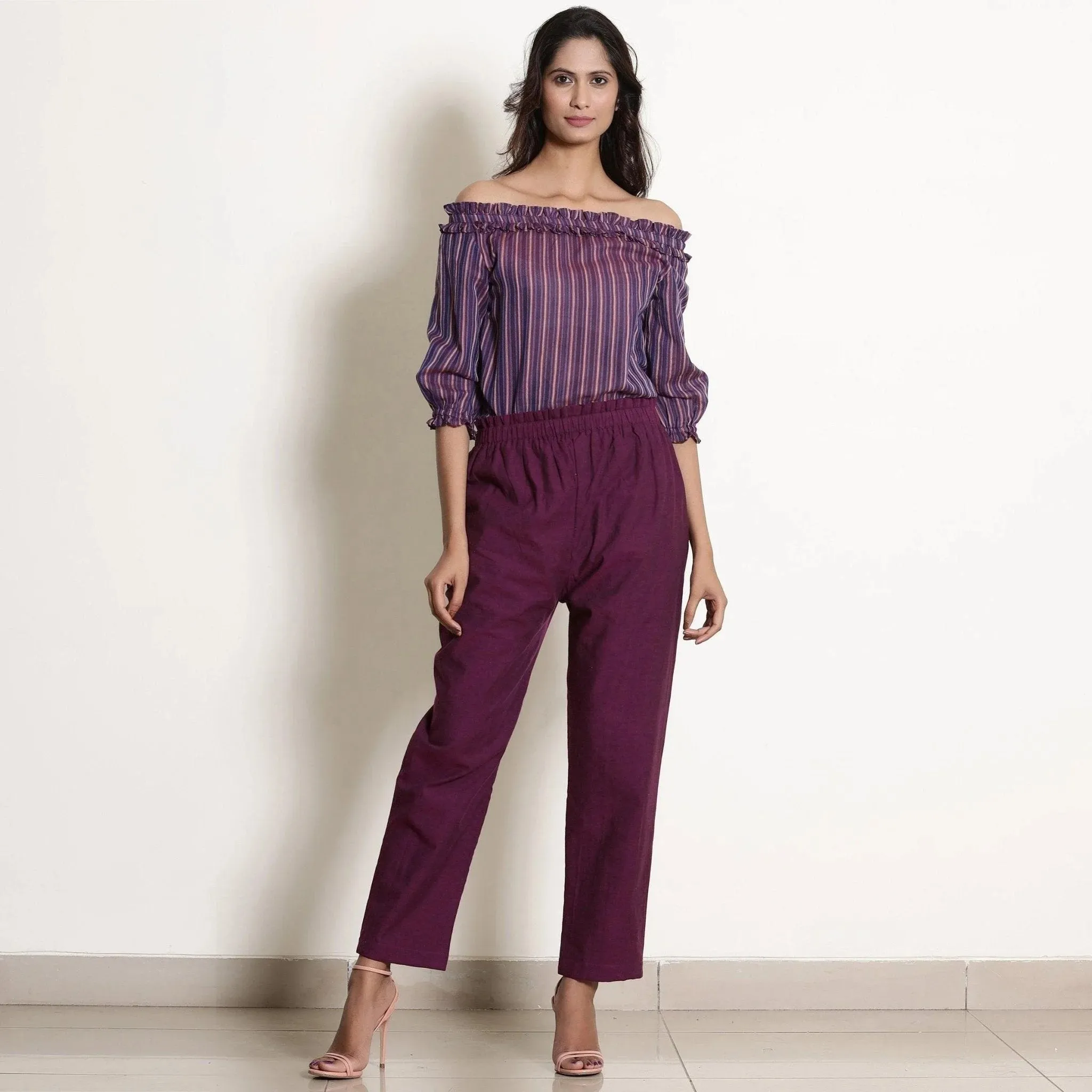 Solid Berry Wine Warm Cotton Tapered Pant