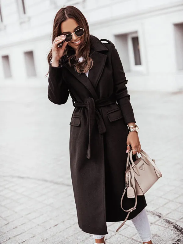 Solid Wool Lapel Collar Belted Wrap Coat