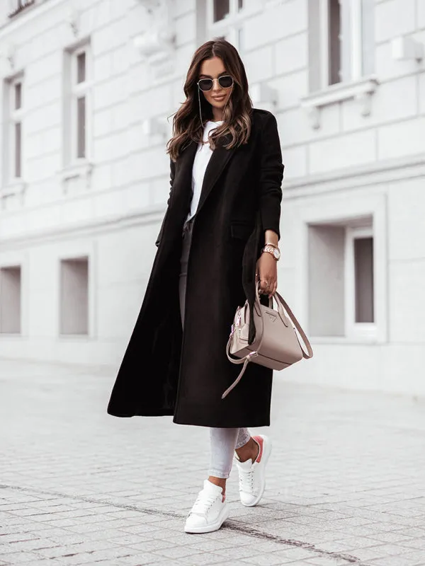 Solid Wool Lapel Collar Belted Wrap Coat