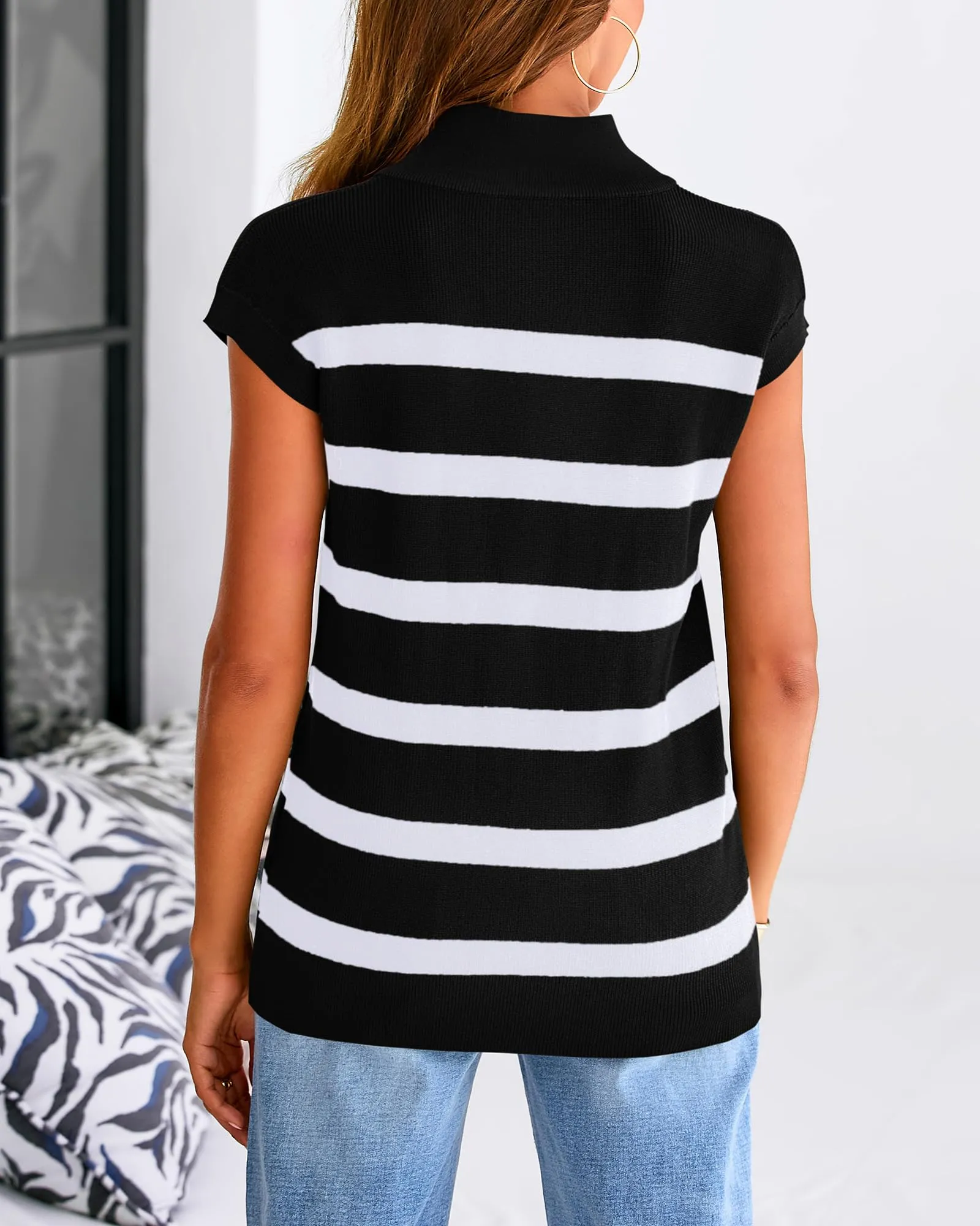 Summer Casual 1/2 Zip Cap Sleeve V Neck Striped Knit Tops