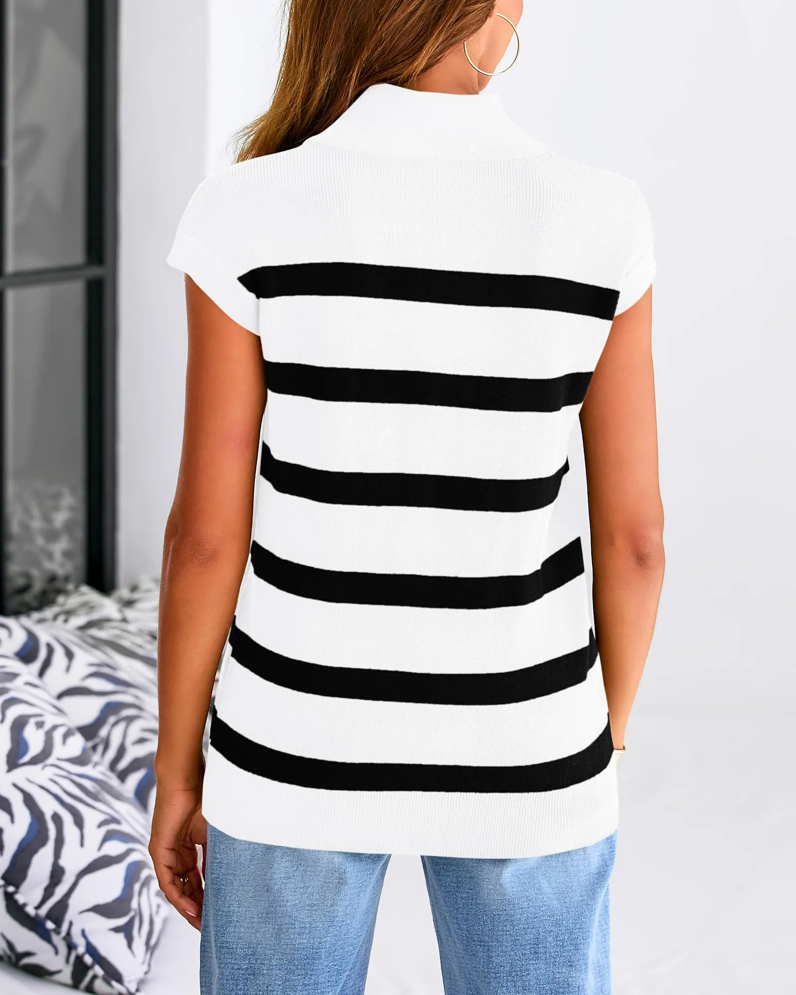 Summer Casual 1/2 Zip Cap Sleeve V Neck Striped Knit Tops