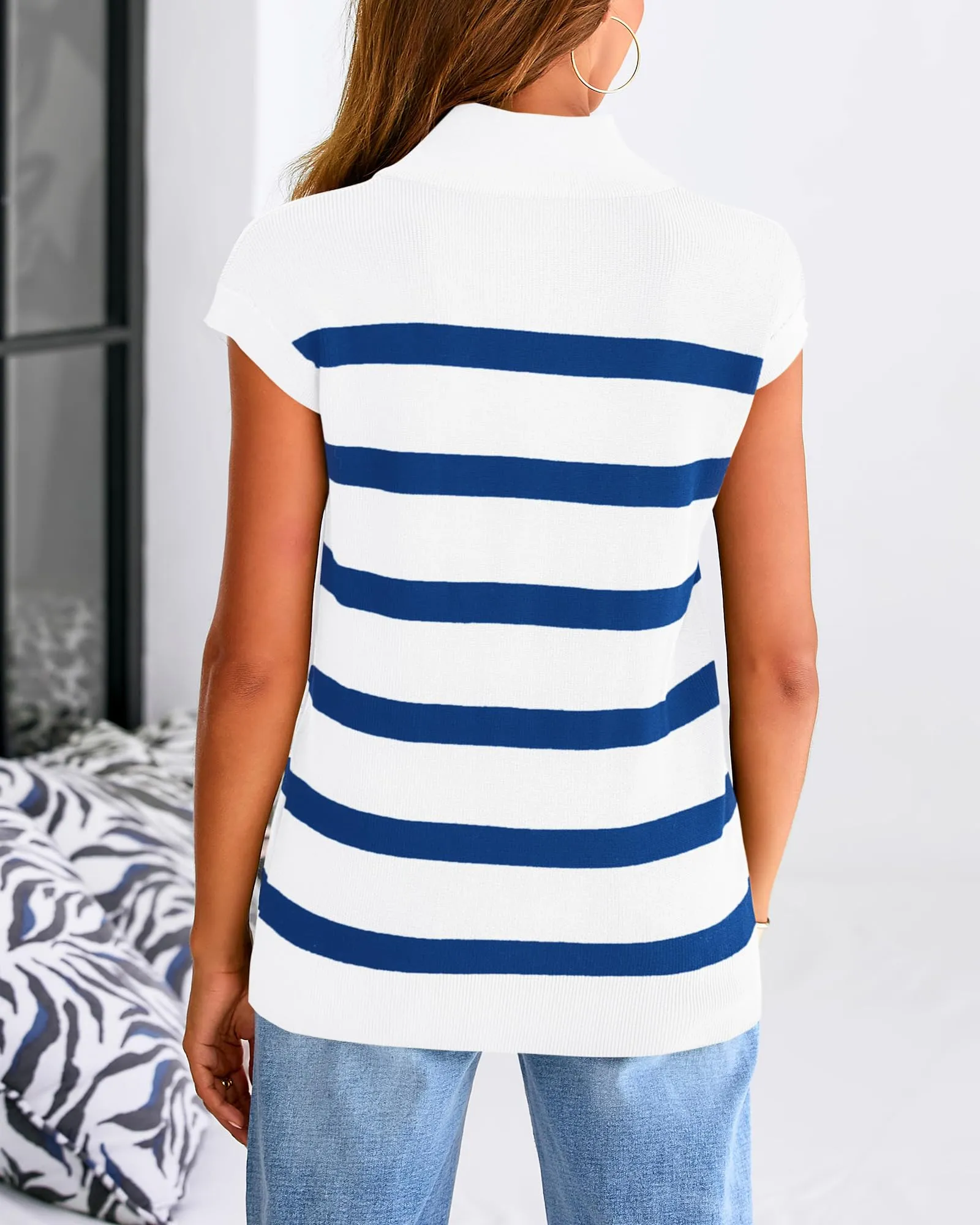 Summer Casual 1/2 Zip Cap Sleeve V Neck Striped Knit Tops