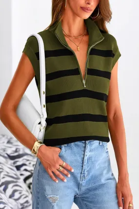 Summer Casual 1/2 Zip Cap Sleeve V Neck Striped Knit Tops