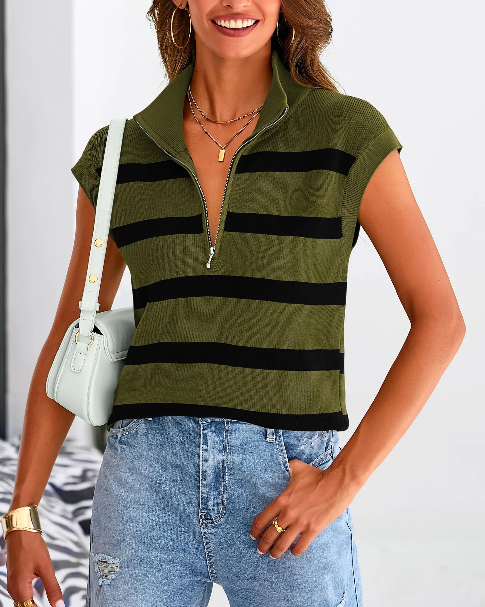 Summer Casual 1/2 Zip Cap Sleeve V Neck Striped Knit Tops