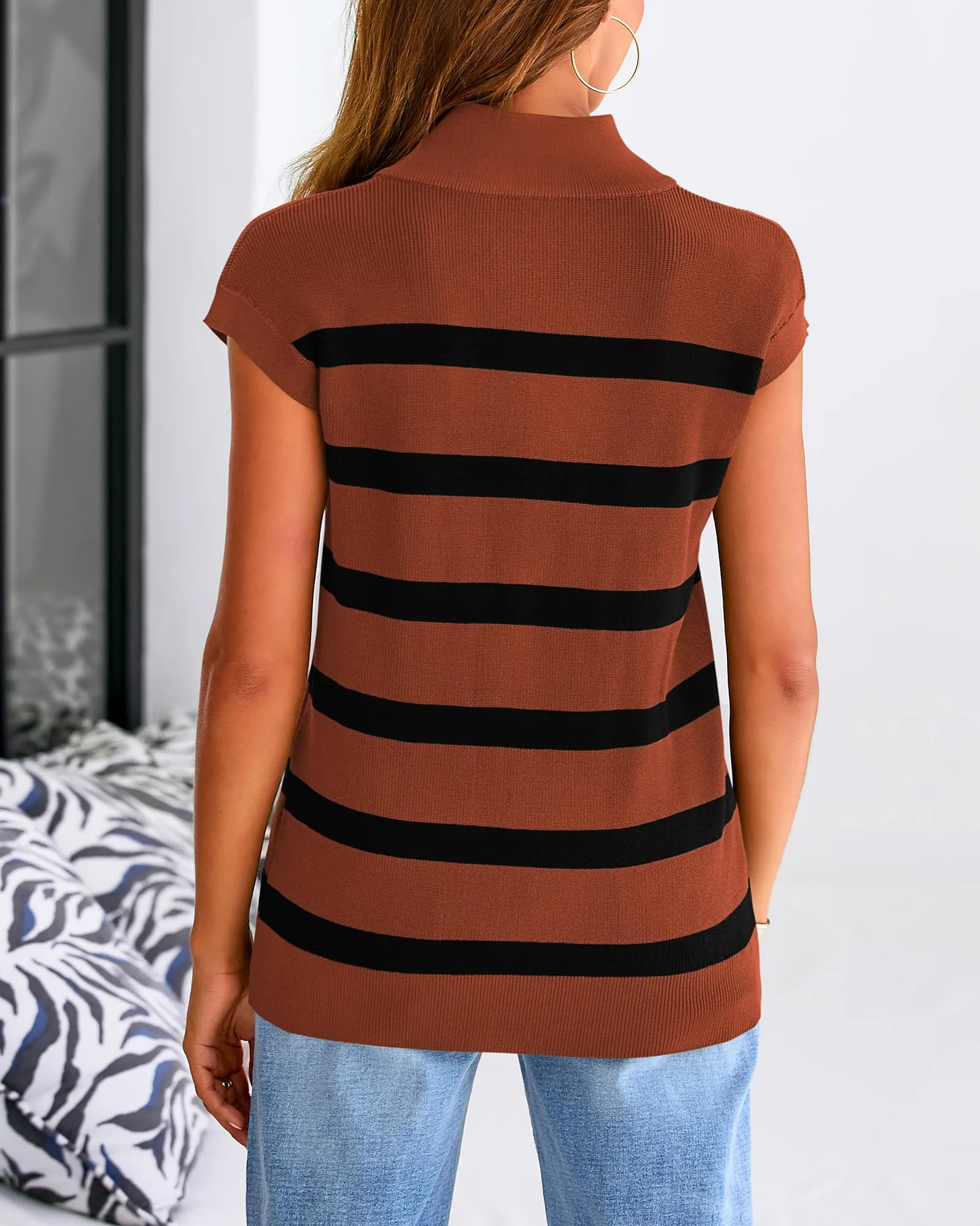 Summer Casual 1/2 Zip Cap Sleeve V Neck Striped Knit Tops