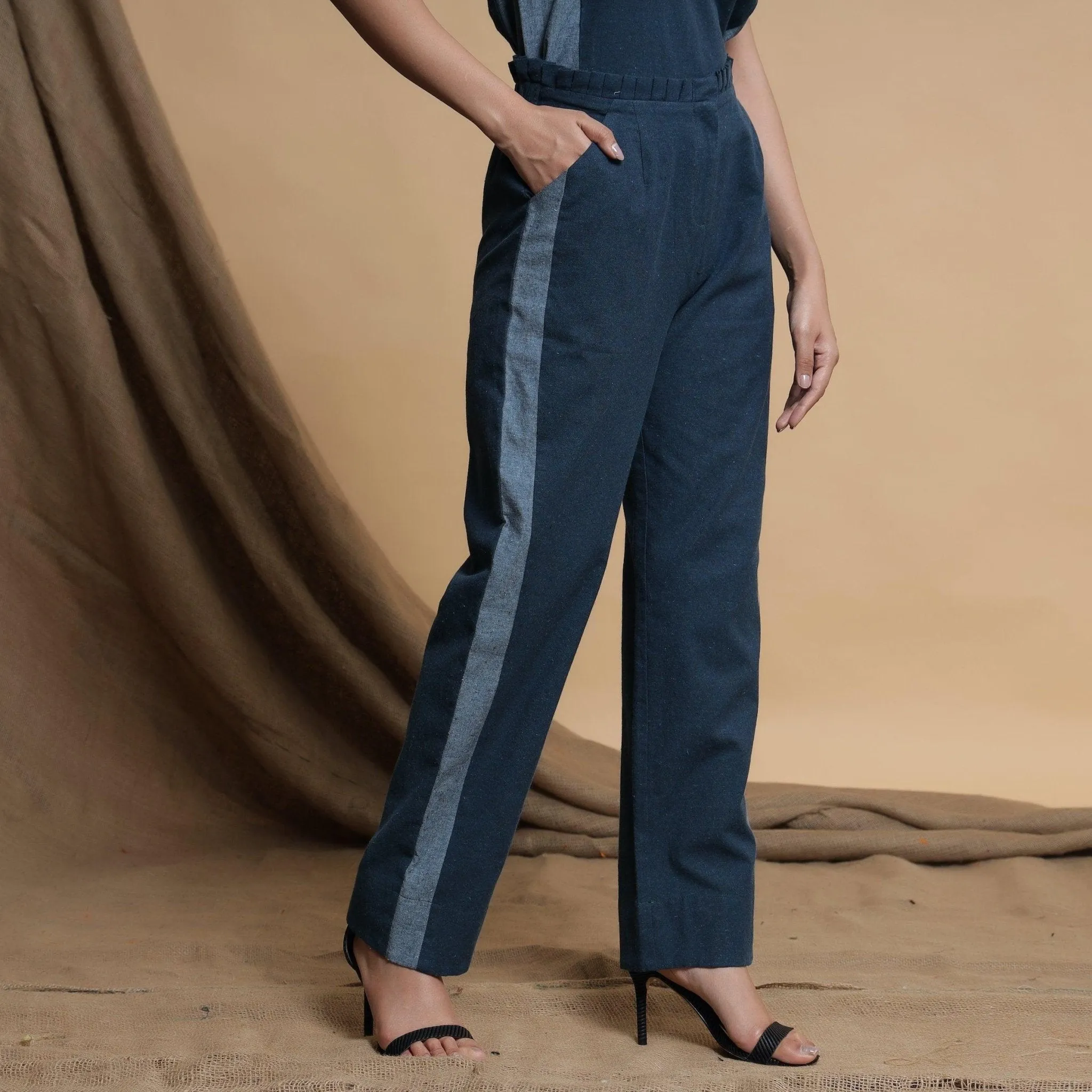 Teal Blue Cotton Panelled Top and Elasticated Paperbag Pant Co-ord Set