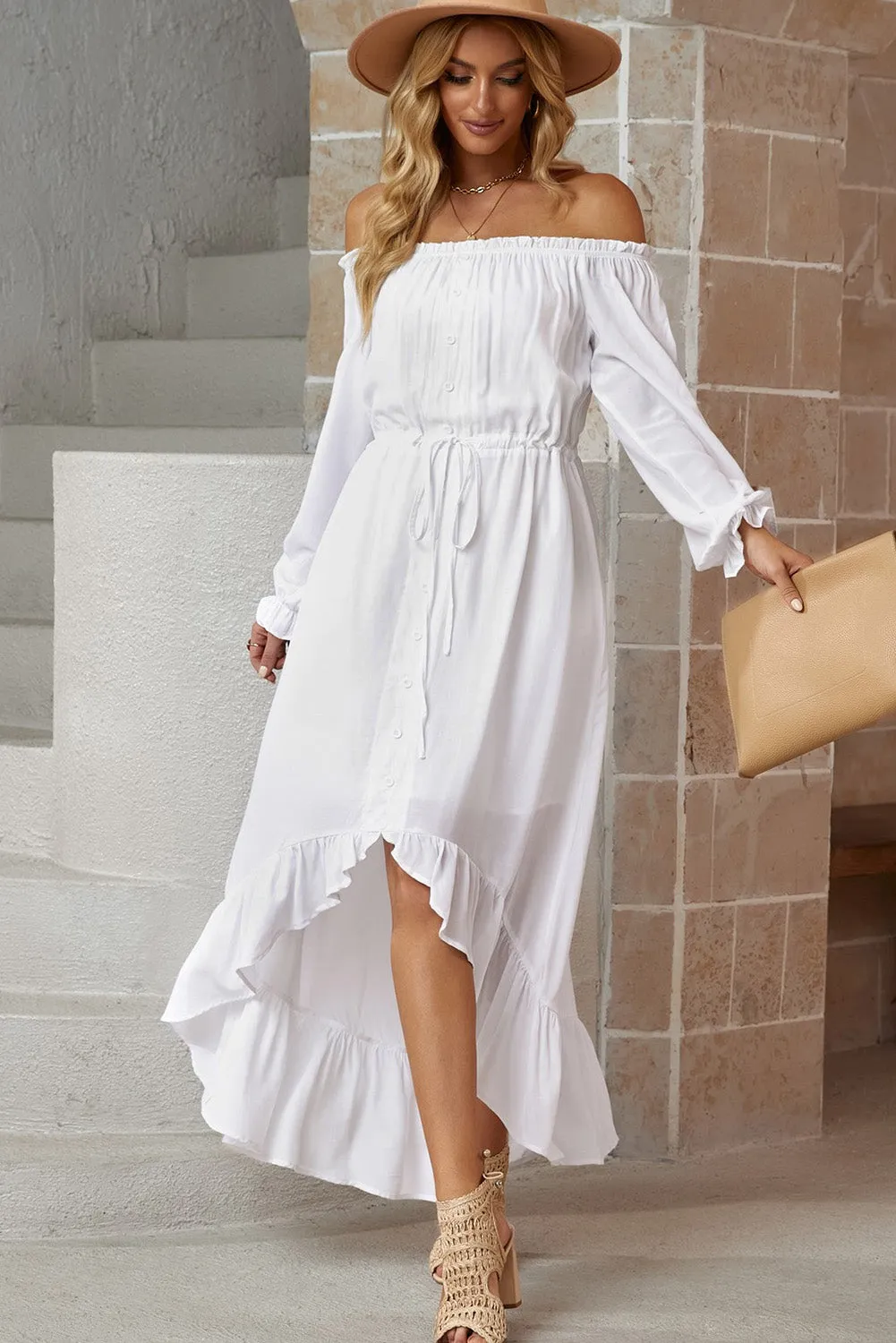 White Boho Ruffle Maxi Dress