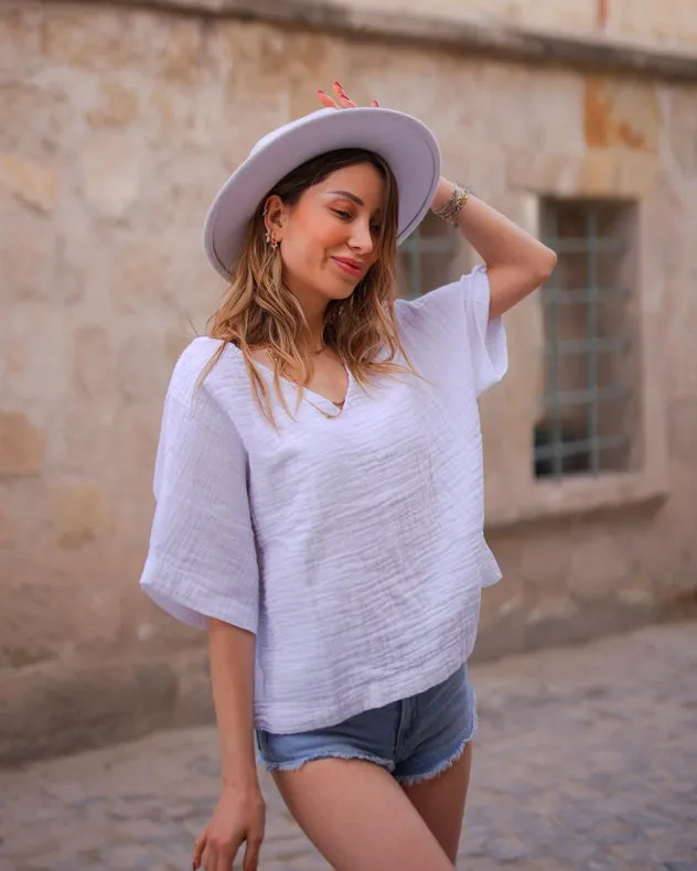 White Double Gauze Cotton V-Neck Top